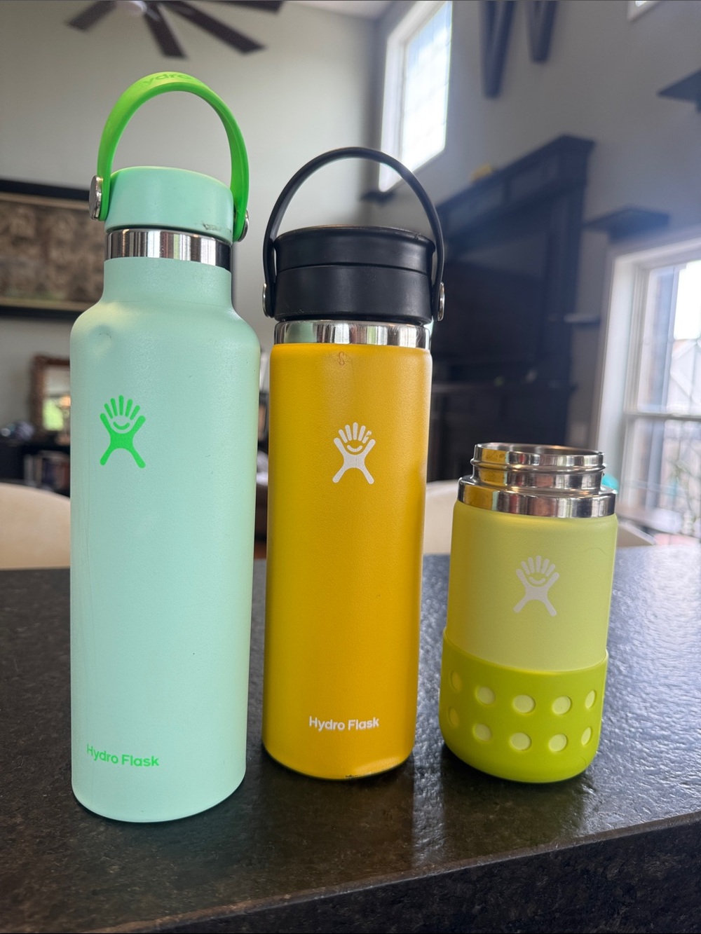 Lot of 3 authentic Hydro Flask insulated bottles in assorted green/yellow colors